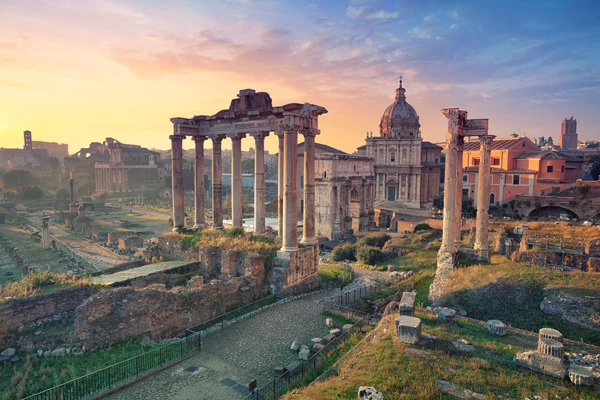 Roman Forum in Rome, Italy during sunrise.